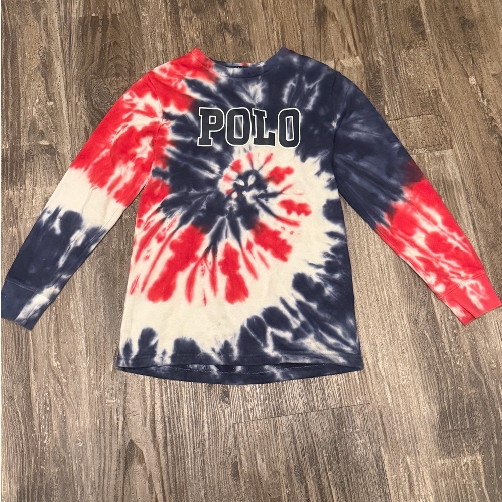 Polo Ralph Lauren Boy’s Sweater Tie-Dye Red White Blue Multi L/S Crew Size 8
